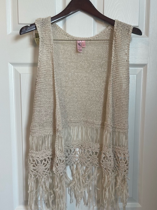 Dolled Up Sweaters - Women’s Dolled Up Beige Crochet Fringe Open Front Sweater Vest